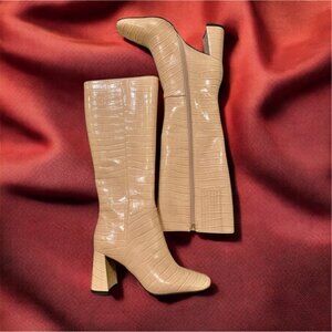 Jeffrey Campbell Beige Croc-Pattern Heeled Boots